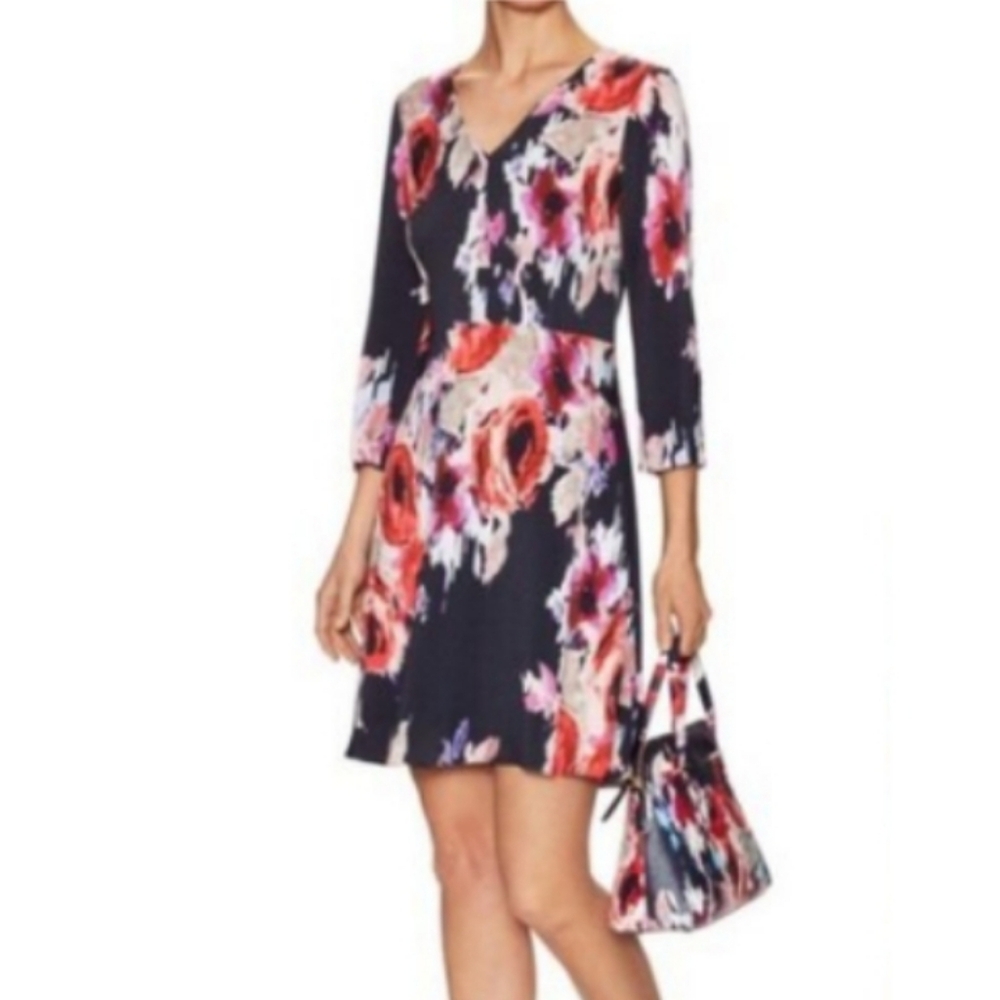 Kate Spade A-Line Dress Size 4 Hazy Floral V-neck 3/4 Sleeves New Flowy Chic